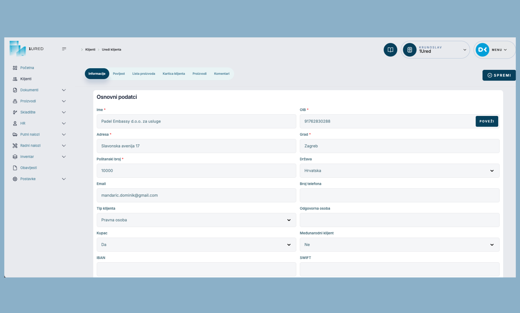 1URED Klijenti - dodavanje novog klijenta