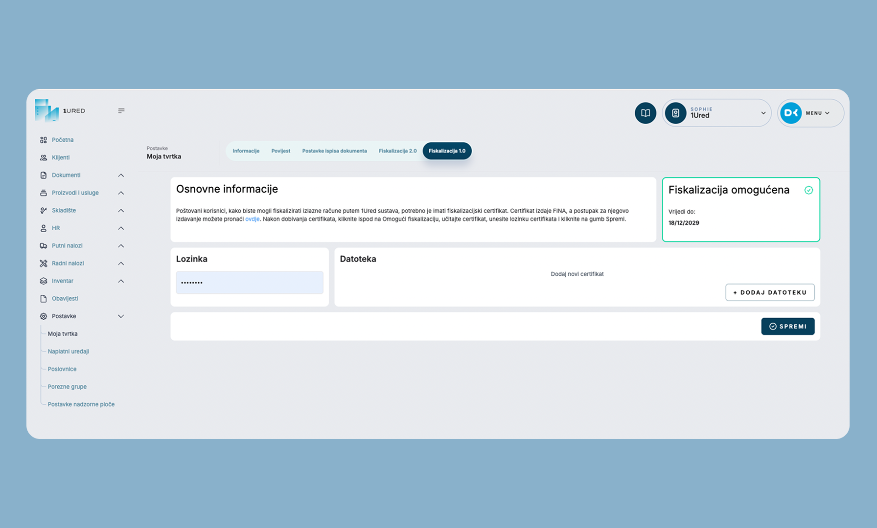1URED fiskalizacija 1.0 postavljanje 
