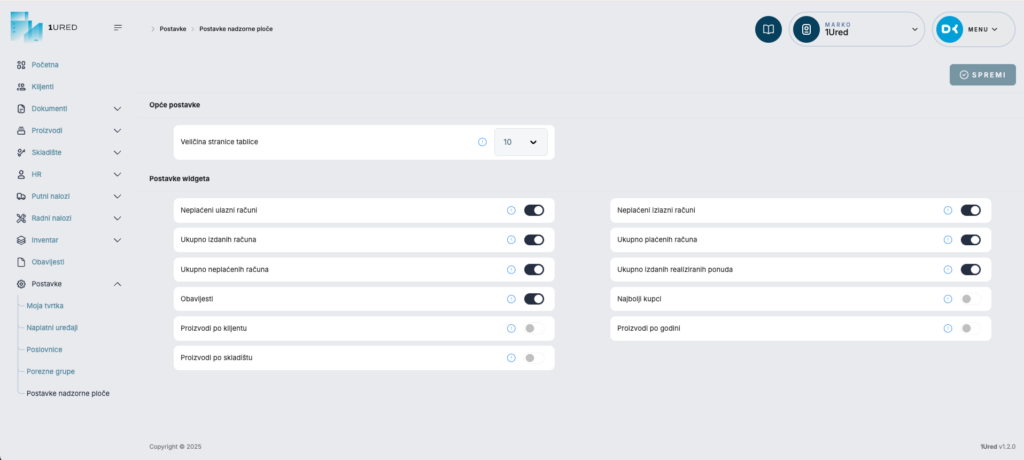Postavke nadzorne ploče 1URED