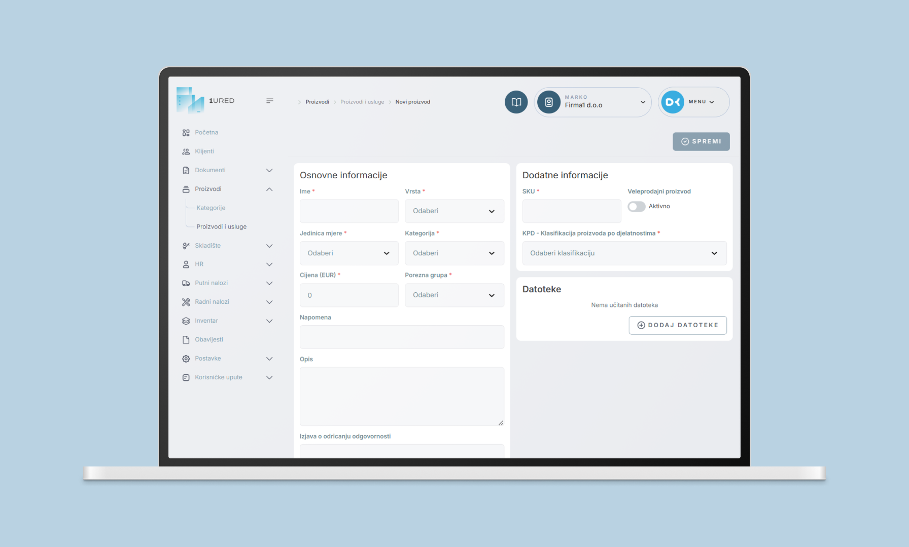 1URED - Vodic kroz racune - kategorije3 unesite SKU i KPD kliknite Spremi 