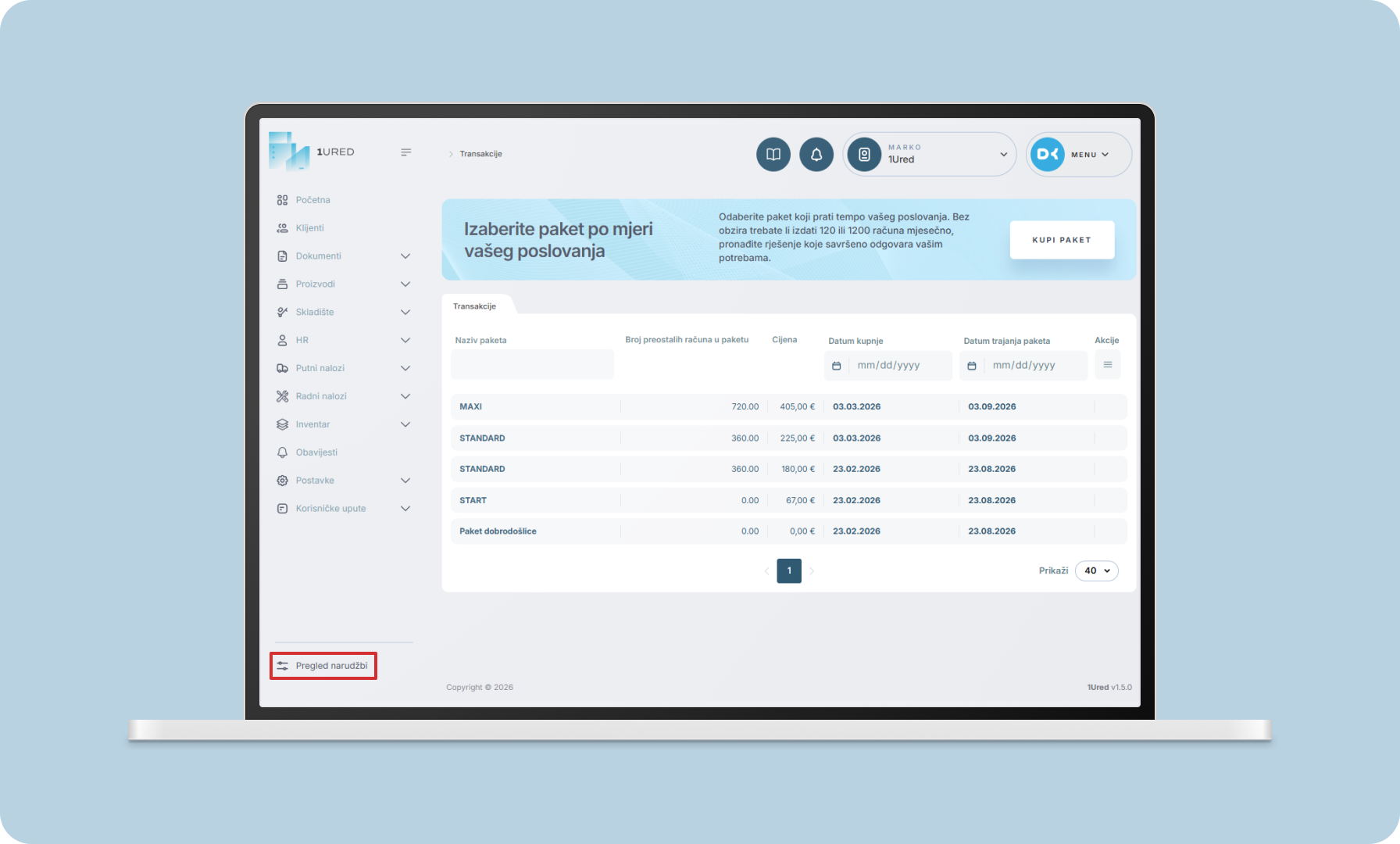 1URED - kiosk modul - vizual detaljnog prikaza pregleda i iskorištenosti paketa